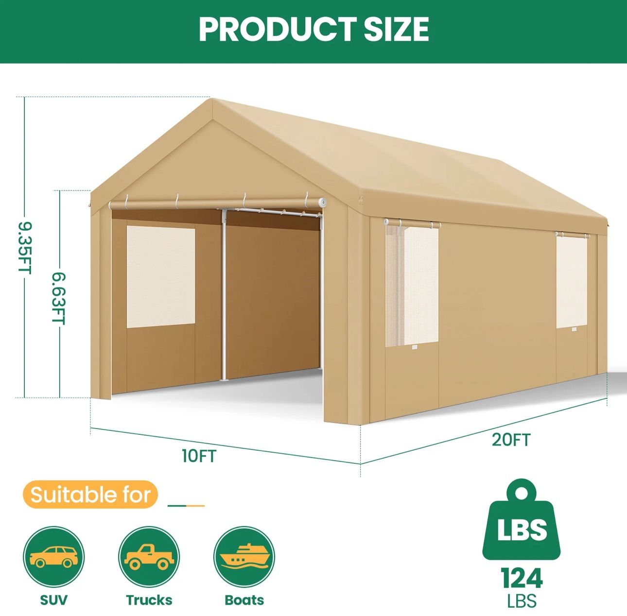 Carport 10”x20” Heavy Duty Canopy , Portable Garage Metal Steel Frame & Polyester