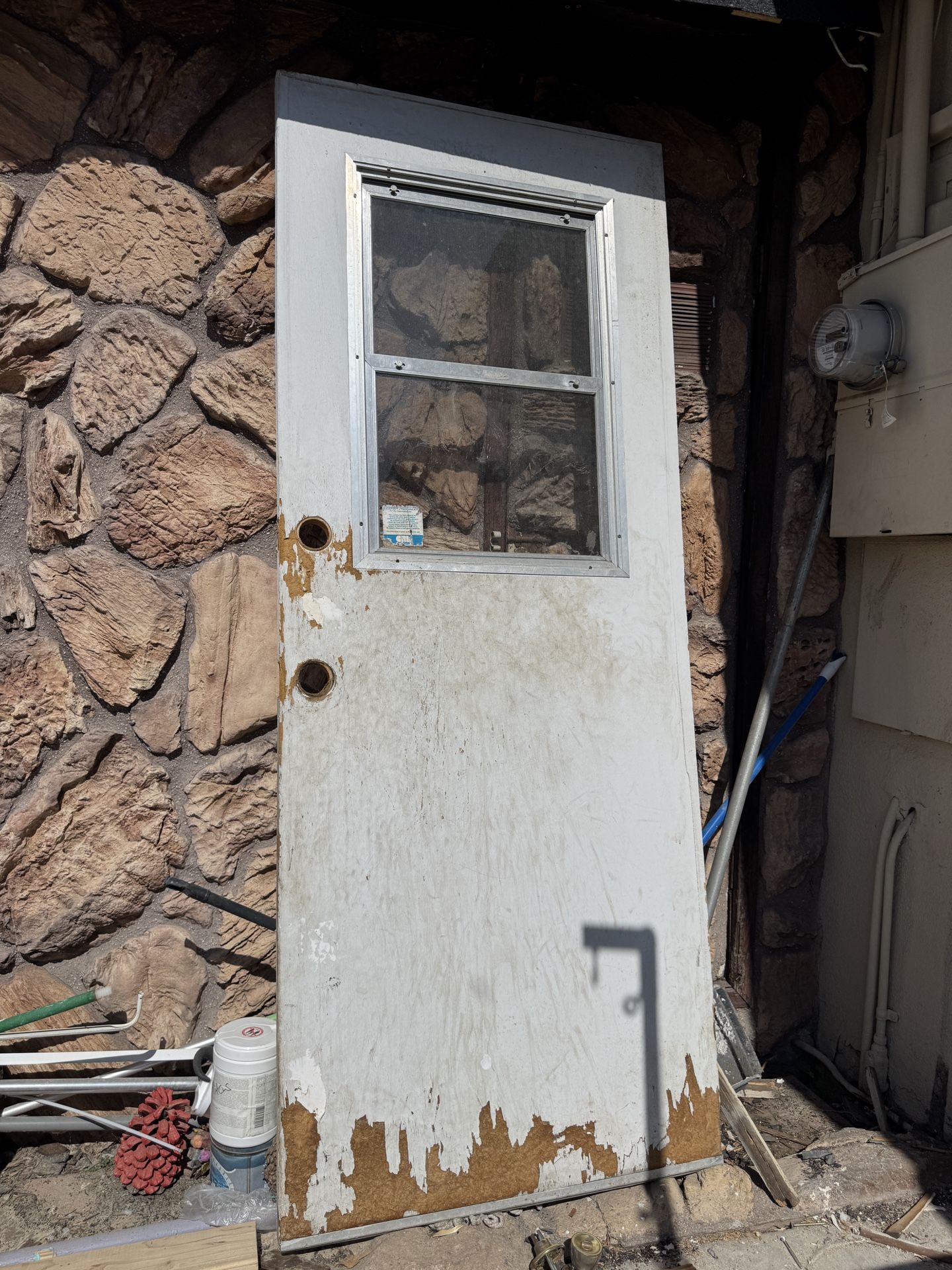 Free 32x80 exterior wood door with window fair condition