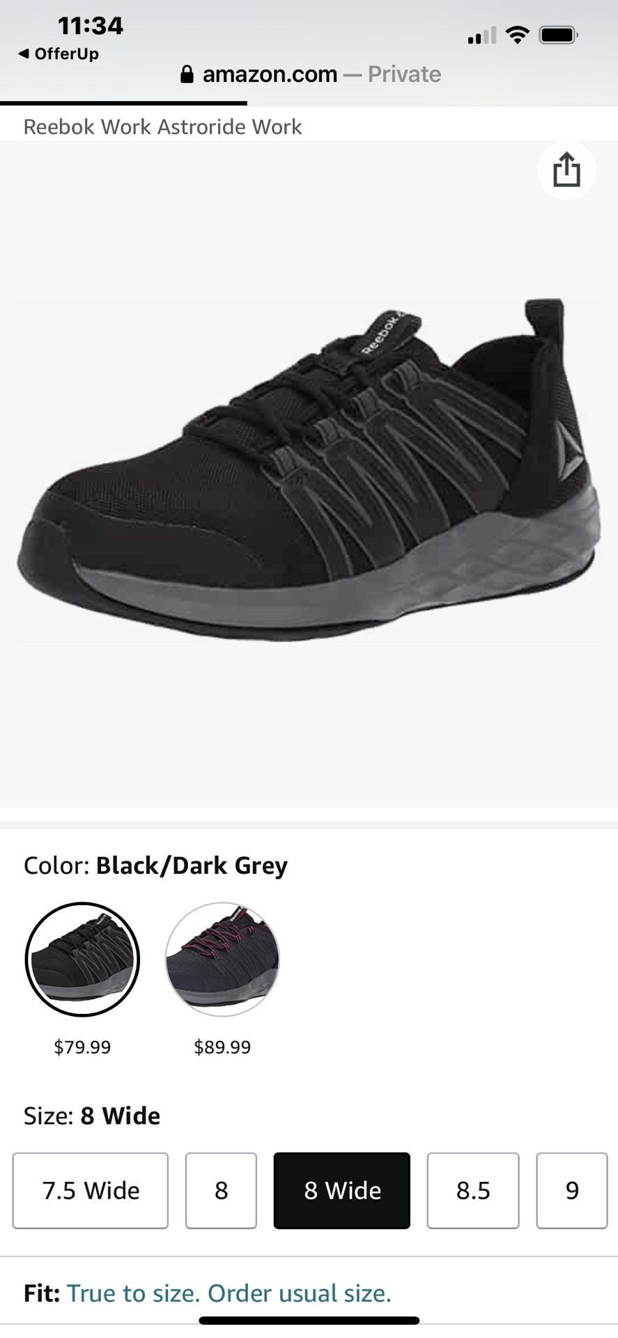 Reebok Steel Toe/slip-proof Shoes Size 8 Wide