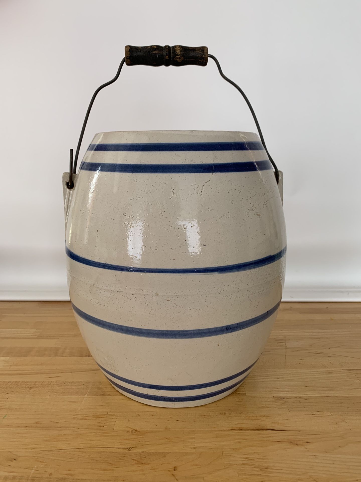 Vintage Stoneware Jar, Blue On Cream