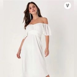 Elegant Wonder White Satin Off-the-Shoulder Midi Dress-Lulus - Size Large