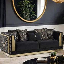 Black Velvet/Gold Zebra Print Polyester Couch Sofa
