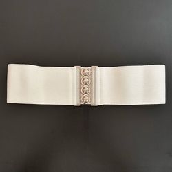 3” Wide Elastic Belt with Geometric Buckle, Small, White/Silver