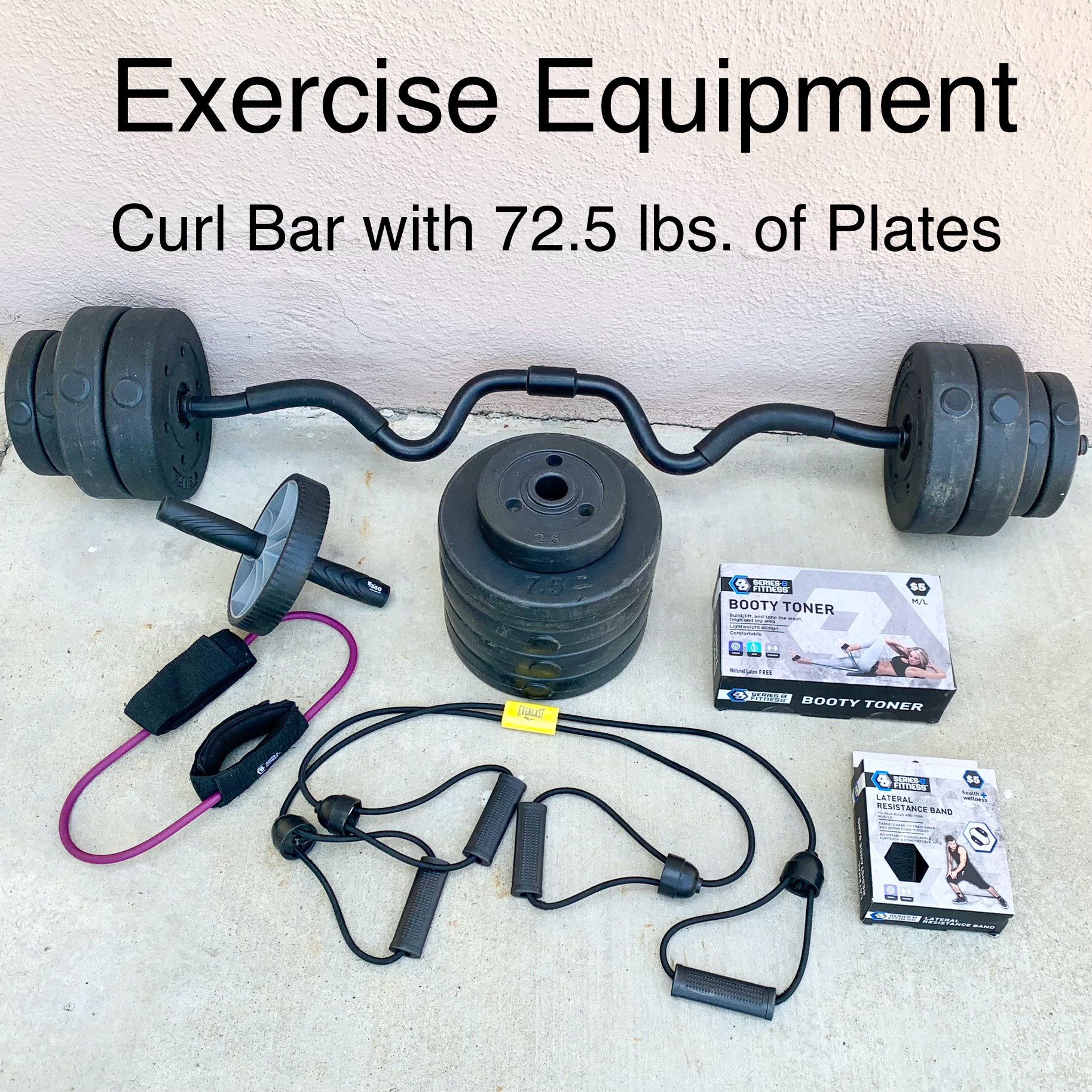 Curl Bar and Weights (72.5 Lbs.) + Accessories 