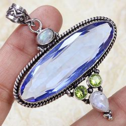 Handmade 925 Sterling silver plated blue topaz & moonstone multi  gemstone pendant  with or without chain