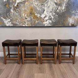 FOUR 24” Counter Height Saddle Bar Stools w/ Curved Seats & Nailhead Design
