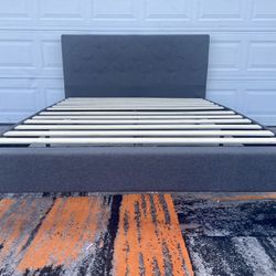 Queen Size Gray Upholstered Platform Bed Frame- READ Description 