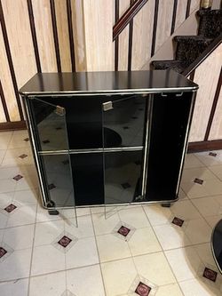 Bar Cabinet - Black With Gold Trim And Glass Doors