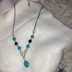 Blue Turquoise & White Pearl Gemstone Necklace