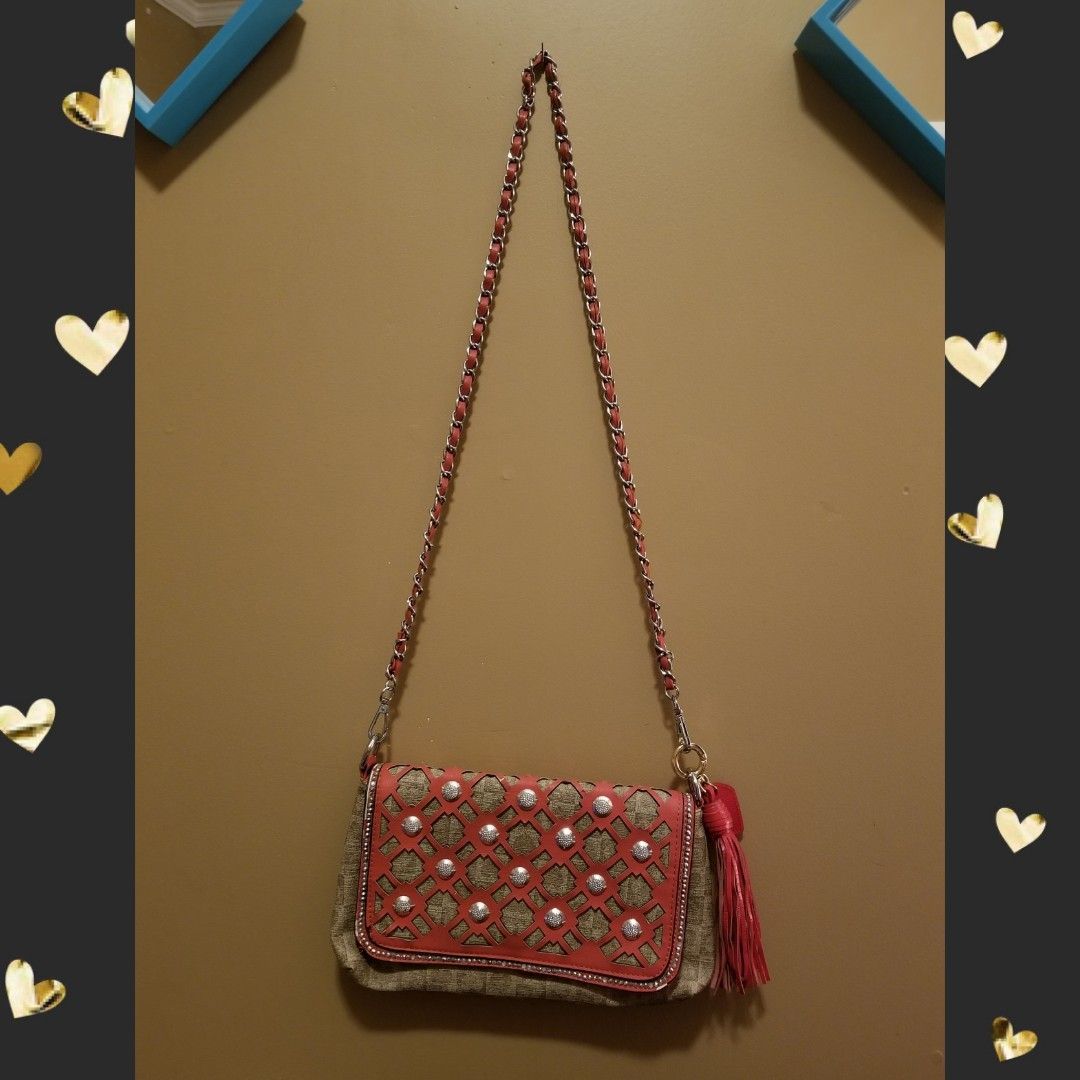 Boutique Coral and Tan Crossbody with studs.