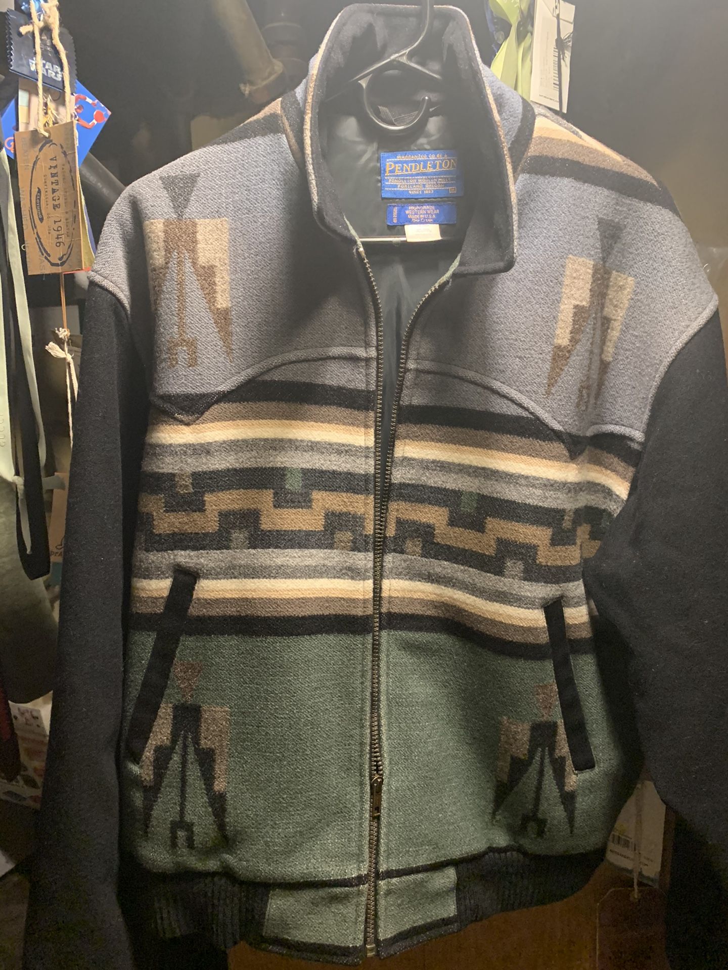 Men’s Vintage Pendleton Bomber Jacket Black/Gray M/L