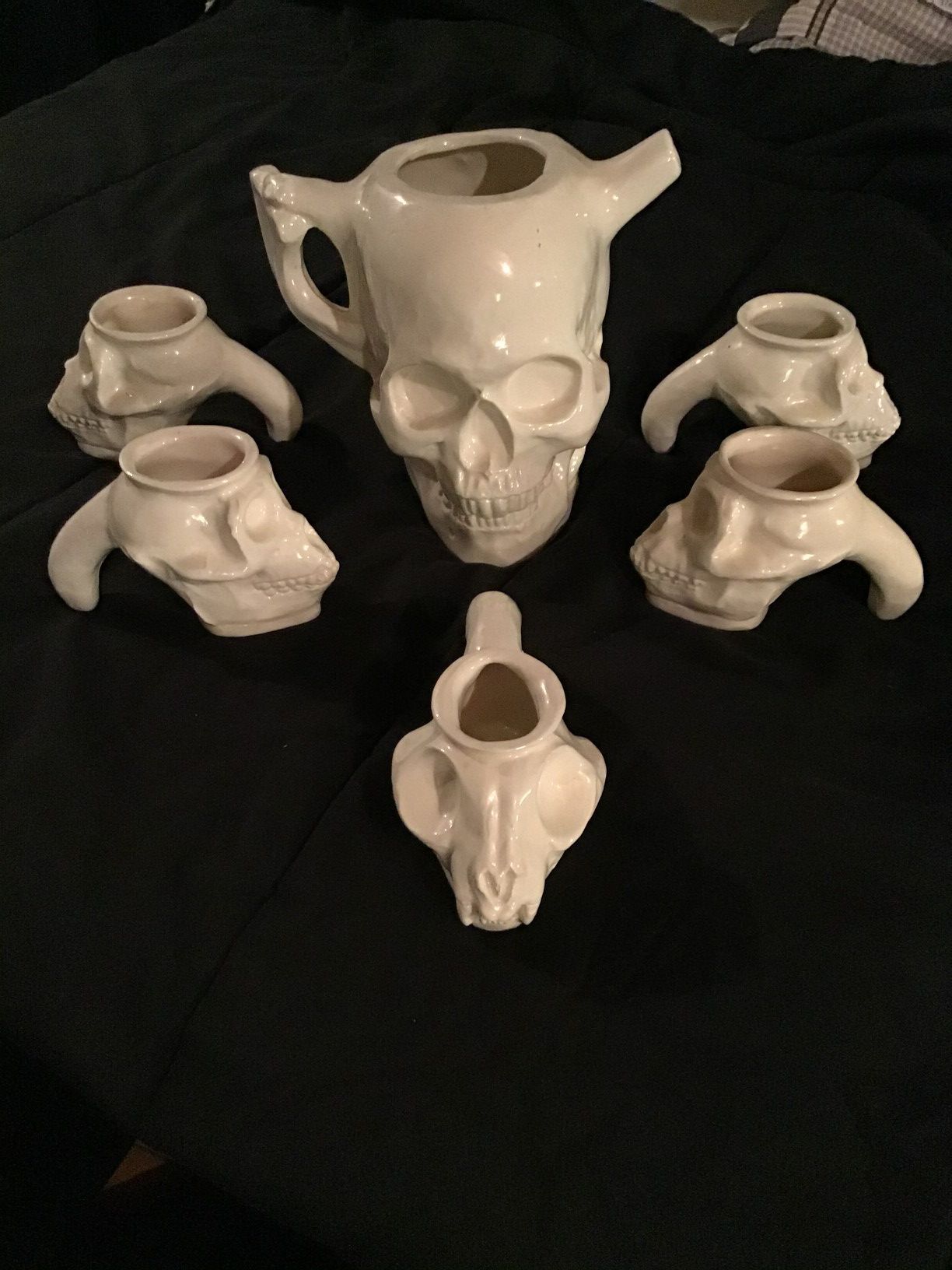 Halloween Bone China Skull Teapot, Monkey Skull Cups, & Fossil Plate