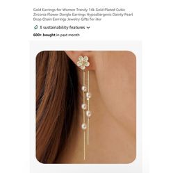 Brand new Gold Earrings for Women Trendy 14k Gold Plated Cubic Zirconia Flower Dangle Earrings Hypoallergenic Dainty Pearl Drop Chain Earrings Jewelry