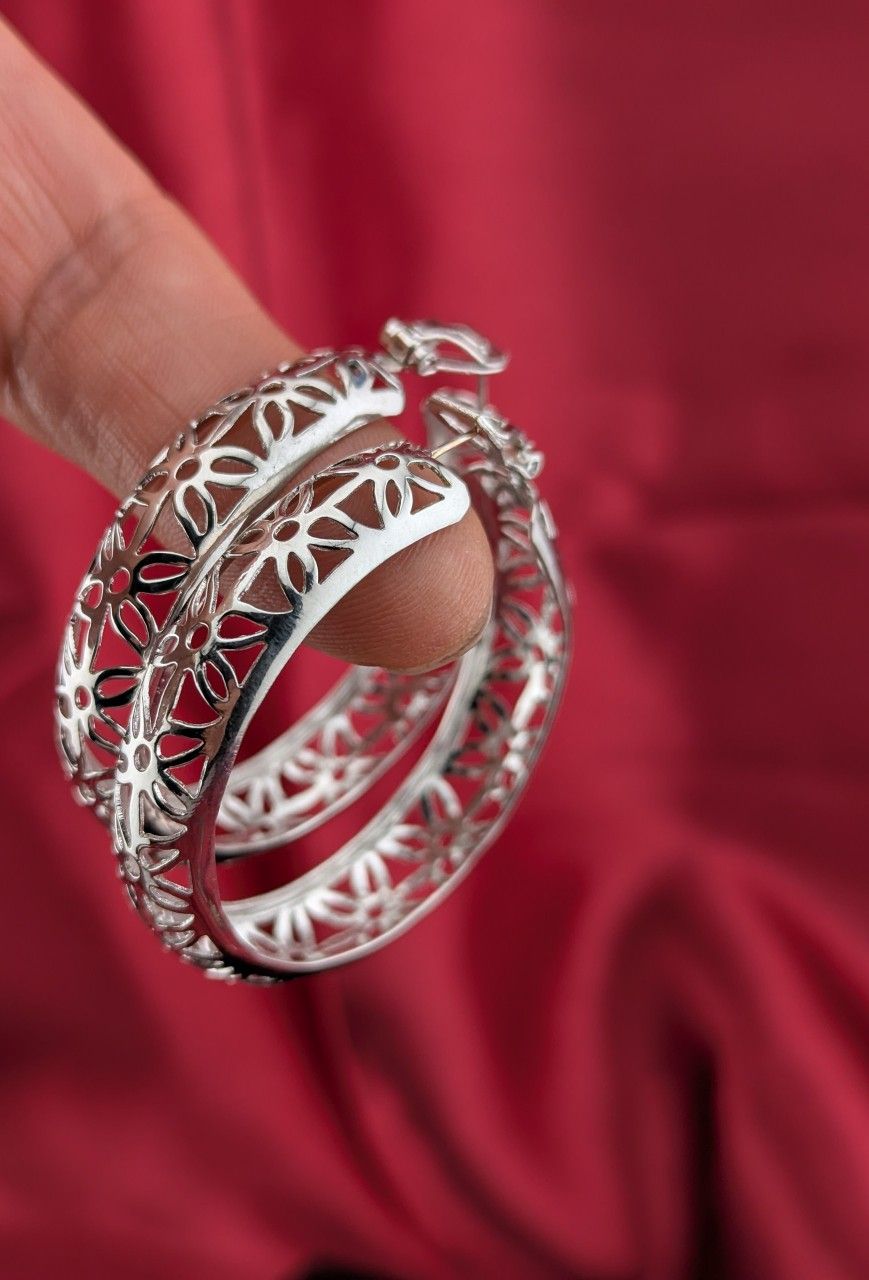 Vintage Lewis Segal Signed Hoop Earrings Silver Tone Openwork Large Statement Hoops