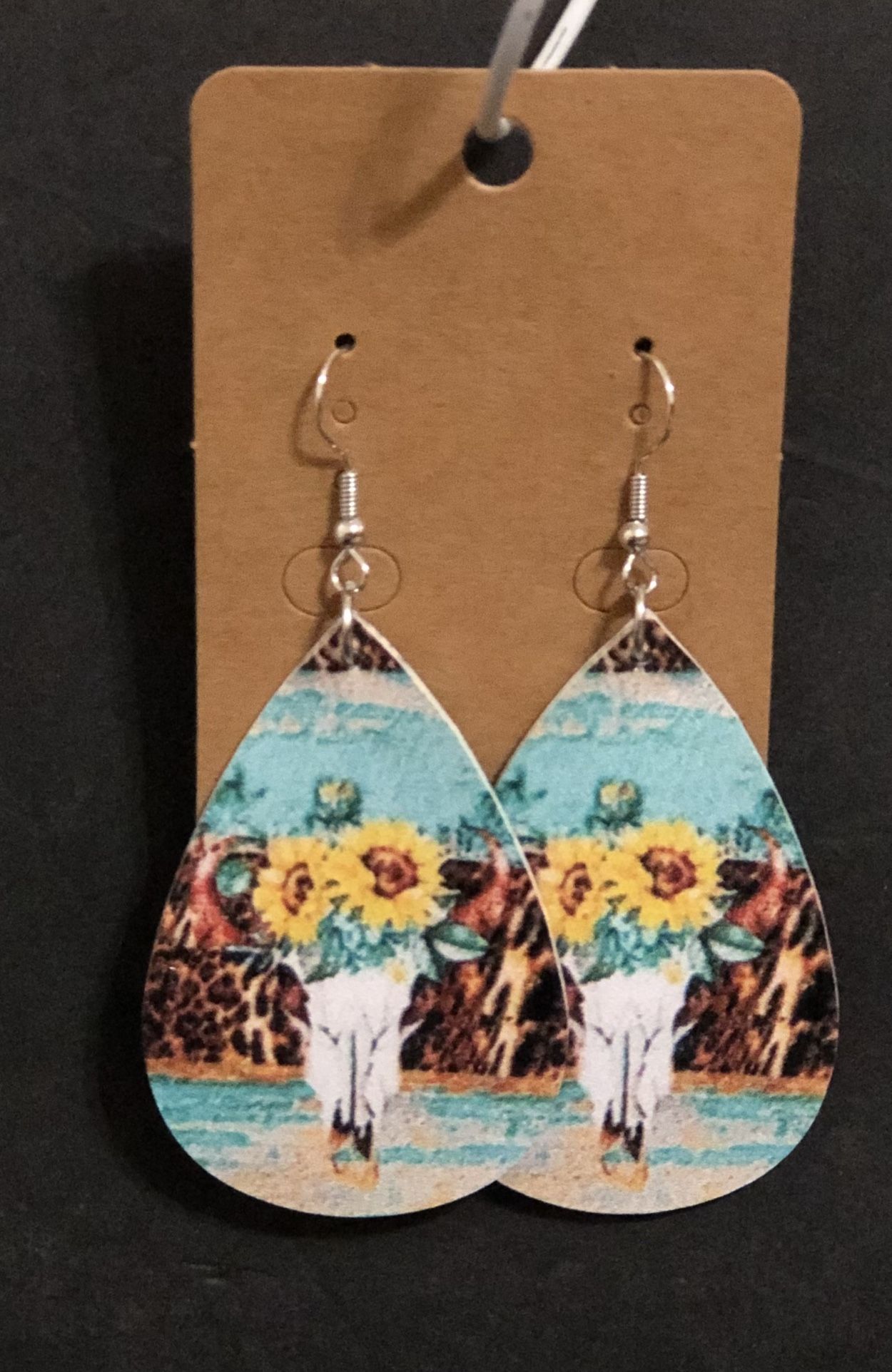 NEW Western Cowgirl Boho Cow Theme Faux Leather Teardrop Dangle Earrings