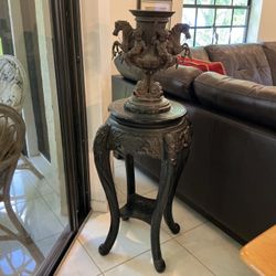 Carved Wood Pedestal Plant Stand