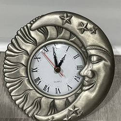Spartan Silver Metal Sun, Moon, Stars Table, Desk Top Clock, 
