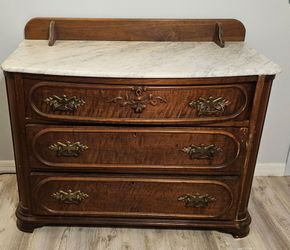 Antique Victorian Carved Walnut Dresser w/ White Marble Top – 3 Drawer Chest