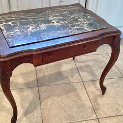 Antique Black Marble Insert Accent Coffee Table Solid Wood 2 Drawers French Style