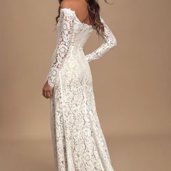 White Long Lace Dress Off Shoulder Style Plus Wedding Shoes