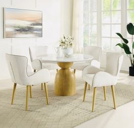 NATURAL MARBLE TOP W OAK FINISH PEDESTAL DINNING TABLE  W4   UPHOLSTHERY CHAIRS  