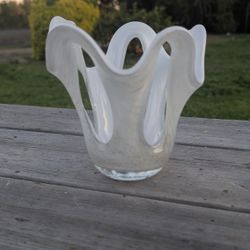 Murano White & Gold Fleck Italian Art Glass Freeform Vase Bowl – Hand Blown Vintage

