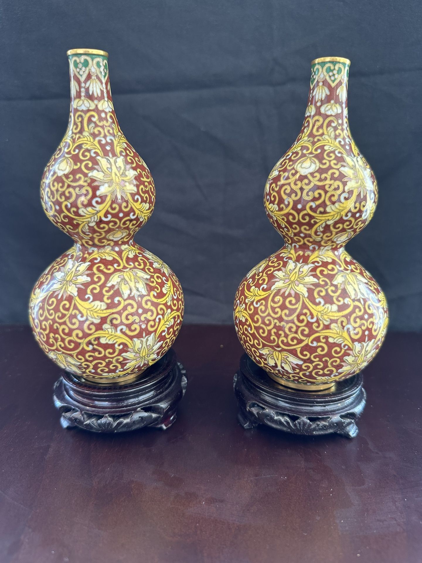 Vintage Chinese Qing/Ch’ing Dynasty Cloisonne Enamel Double Bulb Vase Pair