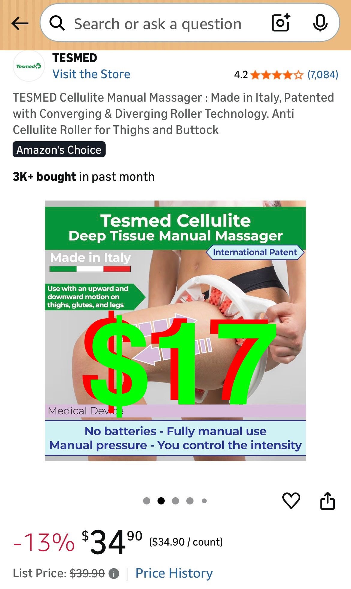 Cellulite Manual Massager : Made in Italy, Patented with Converging & Diverging Roller Technology. Anti Cellulite Roller for Thighs and Buttock