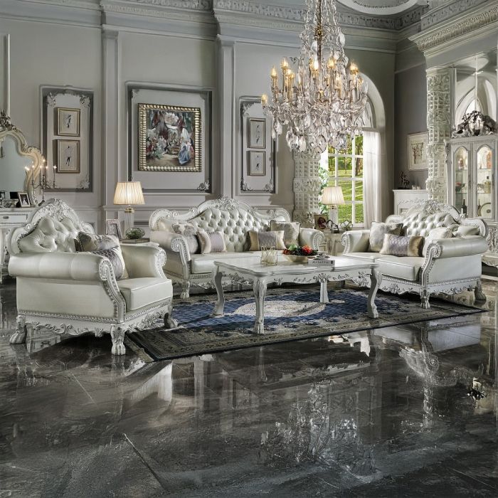 Dresden Antique White Sofa Living Room Set, Traditional Antique White Sofa Set, Sofa / Loveseat / Chair / Coffee Table 