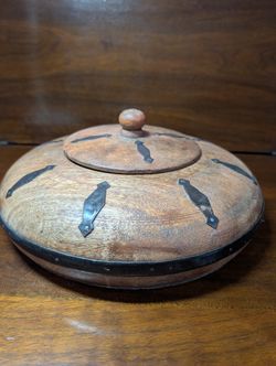 Large Wooden Lidded Box with Metal Accents