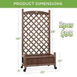 ✌️ 2Pcs 48in Wood Planter Box & Diamond Lattice Trellis, Mobile Outdoor Raised Garden Bed for Climbing Plants w/Drainage Holes, Optional Wheels, Walnu
