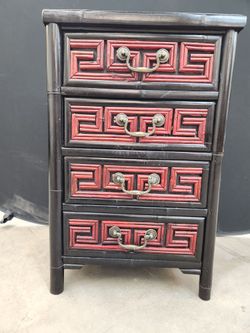 Title: Asian Style Four Drawer Accent Chest With Red Carved Drawer Fronts