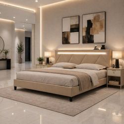 King size bed frame with LED Headboard, Upholstered Platform, Charging Station, beige D-42
