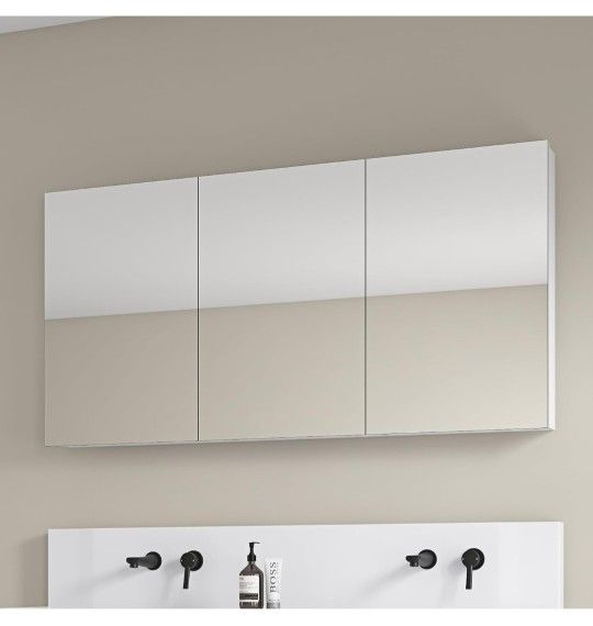 55"x30" Bathroom Medicine Cabinet with Mirror, Wall Cabinet with 3X Adjustable Height & Angle Magnifier, Behind Door Storage, Wooden Storage Shelves,