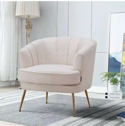 Modern Teddy Velvet Barrel Chair Accent Armchair with Golden Legs for Living Room Bedroom Home Office, Channel Tufted Back Club Chair,White Cream(ATC-