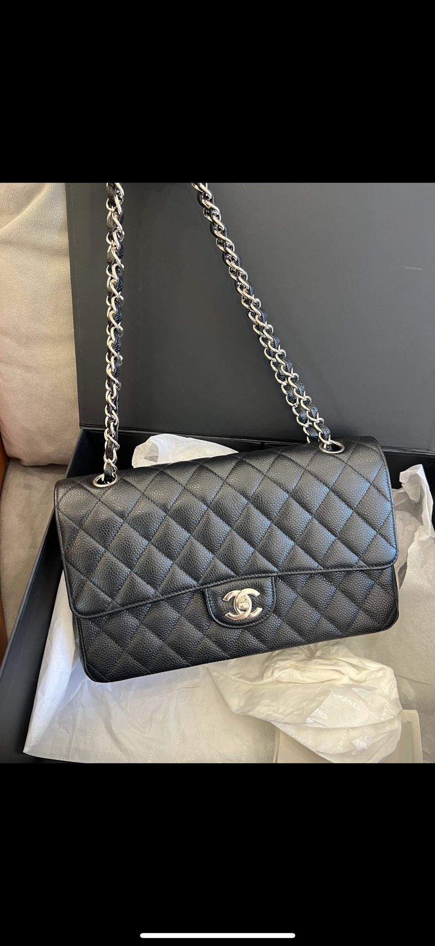Chanel Black Quilted Caviar Medium Classic Double Flap Bag Silver Hardware