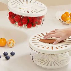 New Drain Basket with Lid Fruit Rice Washing Drain Basket with Handle Refrigerator Storage Bowl Home Kitchen Organizer