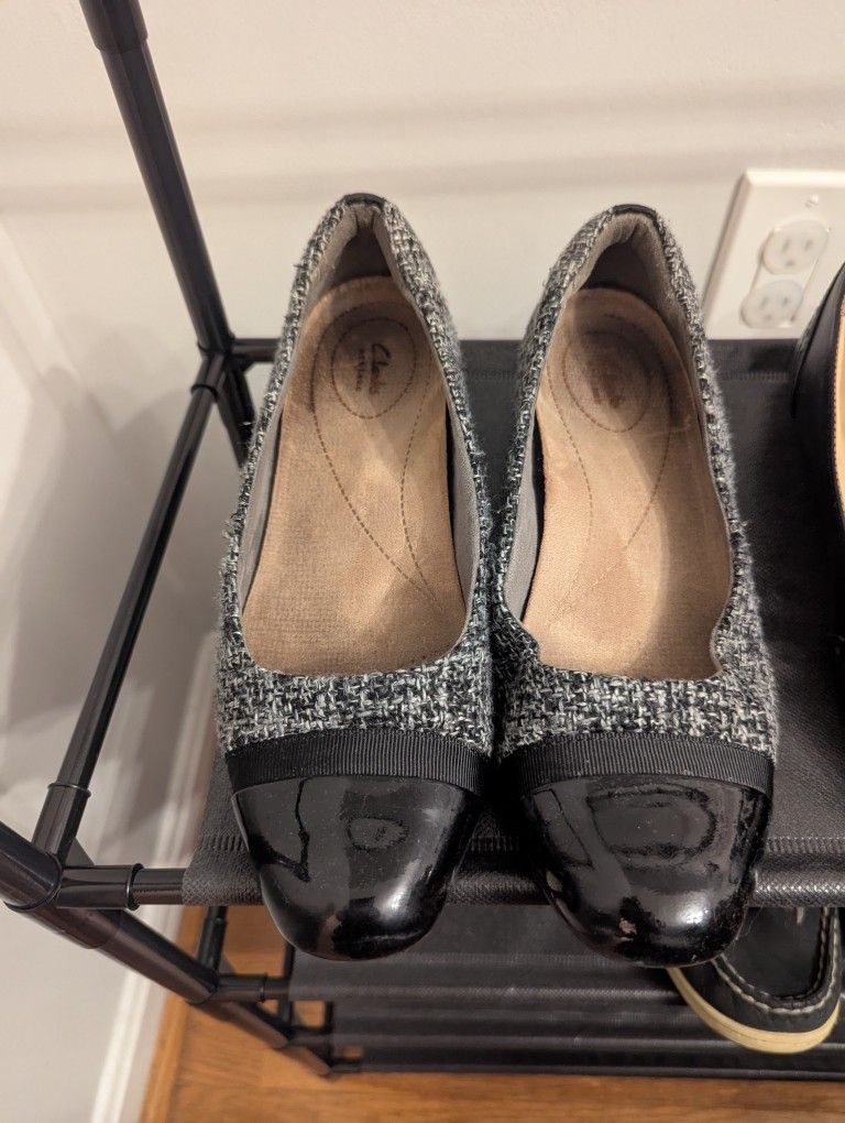 Clarks Black And White Tweed Flats Low Heel Work
