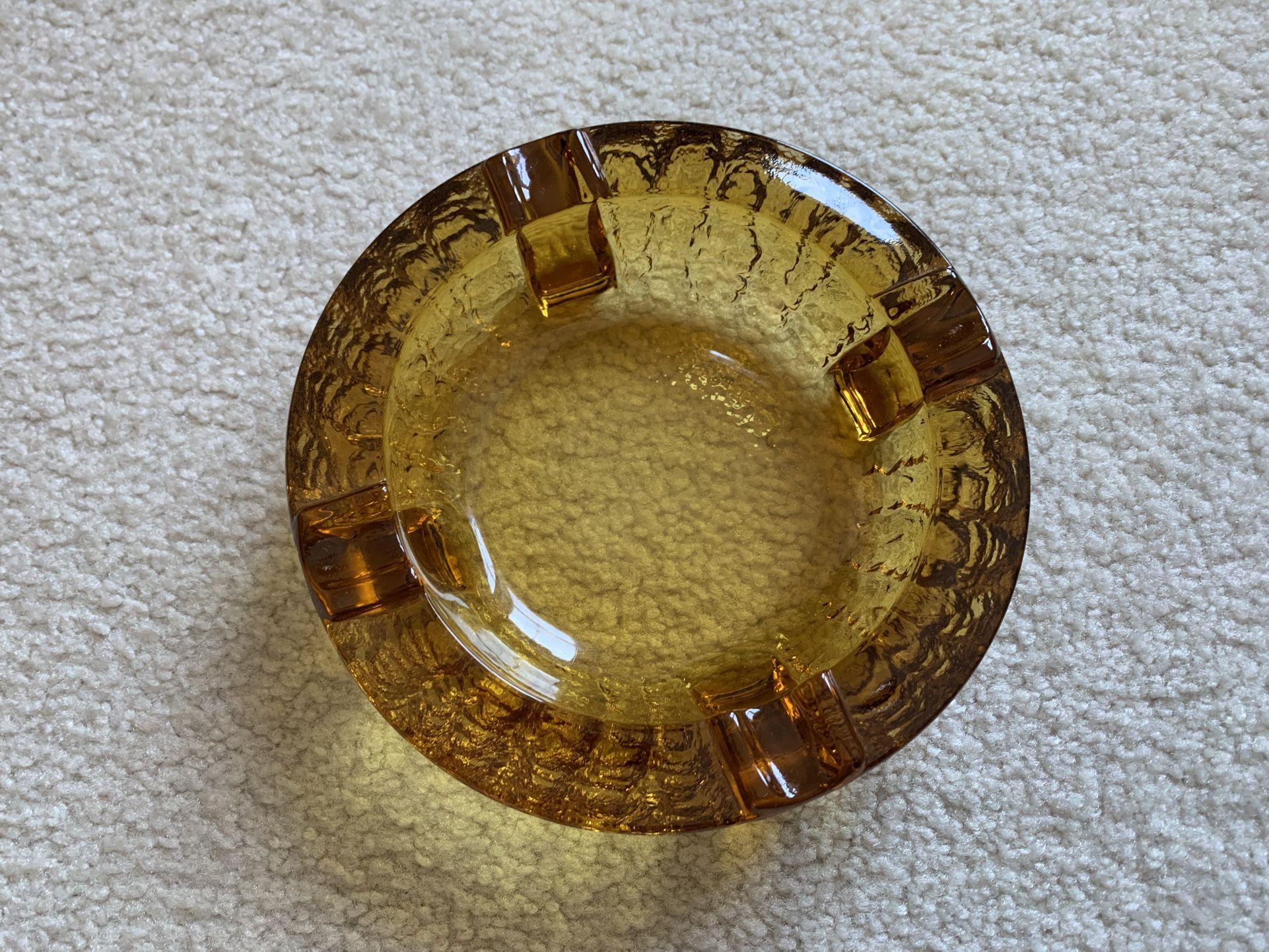 Vintage Large Round Amber Glass Cigar Ashtray Footed Retro 
