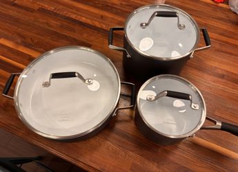 Brand New Calphalon Ceramic Non-Stick 1.5 and 3.5 quart saucepans with glass lids, 3 quart sauté pan with glass lid