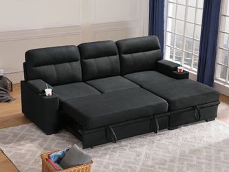 91" Black Performance Fabric Sleeper Sectional Sofa Chaise with Storage Arms and Cupholder