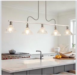 Vintage Chandelier Light, 5-Light Nickel Pendant Lights Kitchen Island Lighting with Flower Glass Shade, Ceiling Hanging Light Farmhouse Chandeliers f