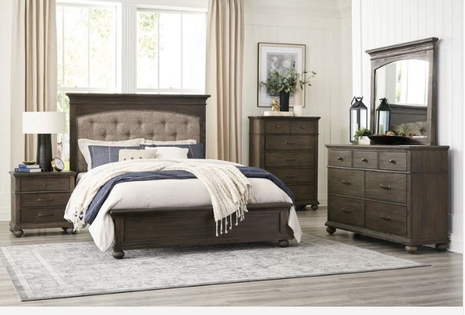 Motsinger Brown Upholstered Panel Bedroom Set ( Queen, king, twin, full bedroom set - bed frame- tall dresser, nightstand and chest, mattress options