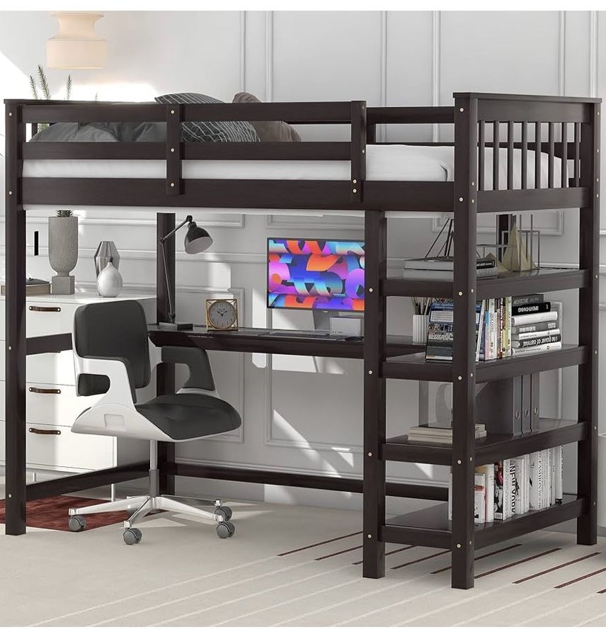 Merax Full Size Loft Bed With Storage Shelves And Under-Bed Desk Solid Wood Espresso