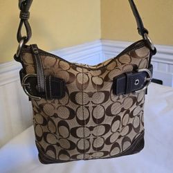 Coach Brown Canvas & Suede Leather Monogram Shoulder Handbag 