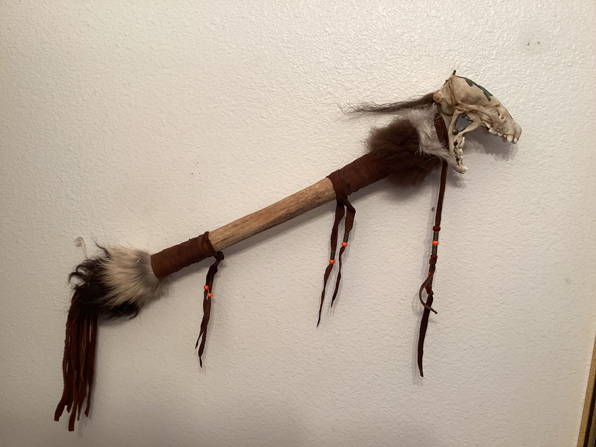 Native American Style Raccoon Skull Dance Stick Pow Wow