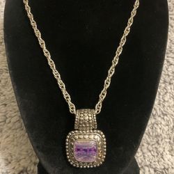 Silver Rope Necklace With Double Adjustable Links And Pendant With Purple Glass Stone