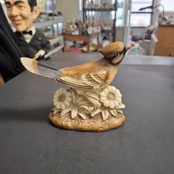 Vintage Mid 20th Century Glazed Porcelain Bird Figurine On A Base Of Flowers- Most Likely Made In Japan 5"H X 6"W 