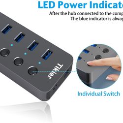 Powered USB 3.0 Data Hub Includes 7 BC 1.2 Charging Port with Individual Power Switches and LEDs for Laptop, Printer, Mouse, PC, USB Flash Drives and
