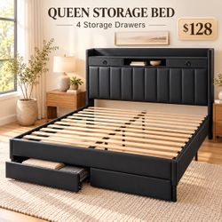 Queen Bed Frame with 4 Storage Drawers, Storage Headboard & USB-C Charging – Black